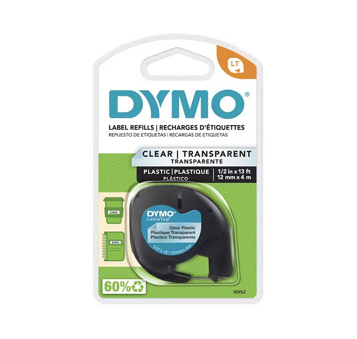 DYMO - Étiquettes LetraTag en plastique, noir sur transparent, 12 mm, 1/2 po, Type LT (16952)