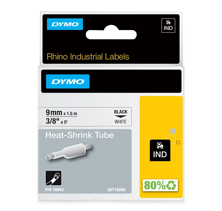 DYMO - Étiquettes industrielles Rhino thermorétractables, noir sur blanc, 9 mm, 3/8 po, Type Rhino IND (18053)