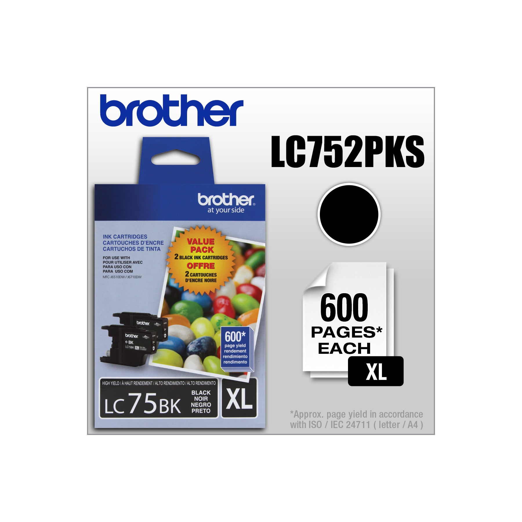 Ensemble de 2 cartouches d'encre noir Innobella de Brother LC752PKS authentiques à rendement standard